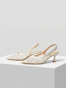 Mnmlis Women's Black Lace Mesh Pointed Heels - Beige - View 2