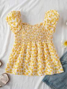 SHEIN Áo kiểu tay phồng họa tiết hoa nhí màu vàng cho bé gái tuổi teen, chất liệu vải nhẹ, họa tiết hoa đồng quê, kiểu dáng ngắn ngang eo, ngọt ngào, thoải mái cho trẻ em, thiết kế hoa độc đáo cho mùa hè. - Màu vàng - Xem 2
