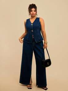 SHEIN Tall CURVE Conjunto de chaleco vaquero y pantalón de pierna ancha talla grande, conjunto de ropa casual, elegante, de negocios y de uso diario para mujeres de talla grande, blusa de solapa única y jeans de pierna ancha, conjunto casual de 2 piezas, verano - Azul - Ver 5
