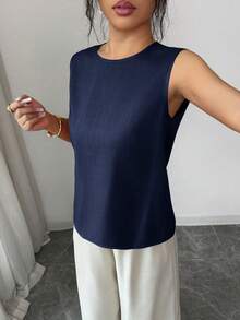 Elenzga 2件套春夏新款双色竹纤维无袖上衣+阔腿裤，橙色上衣搭配杏色裤子，优雅休闲通勤装，女士之选 - 藏蓝色 - 查看 4
