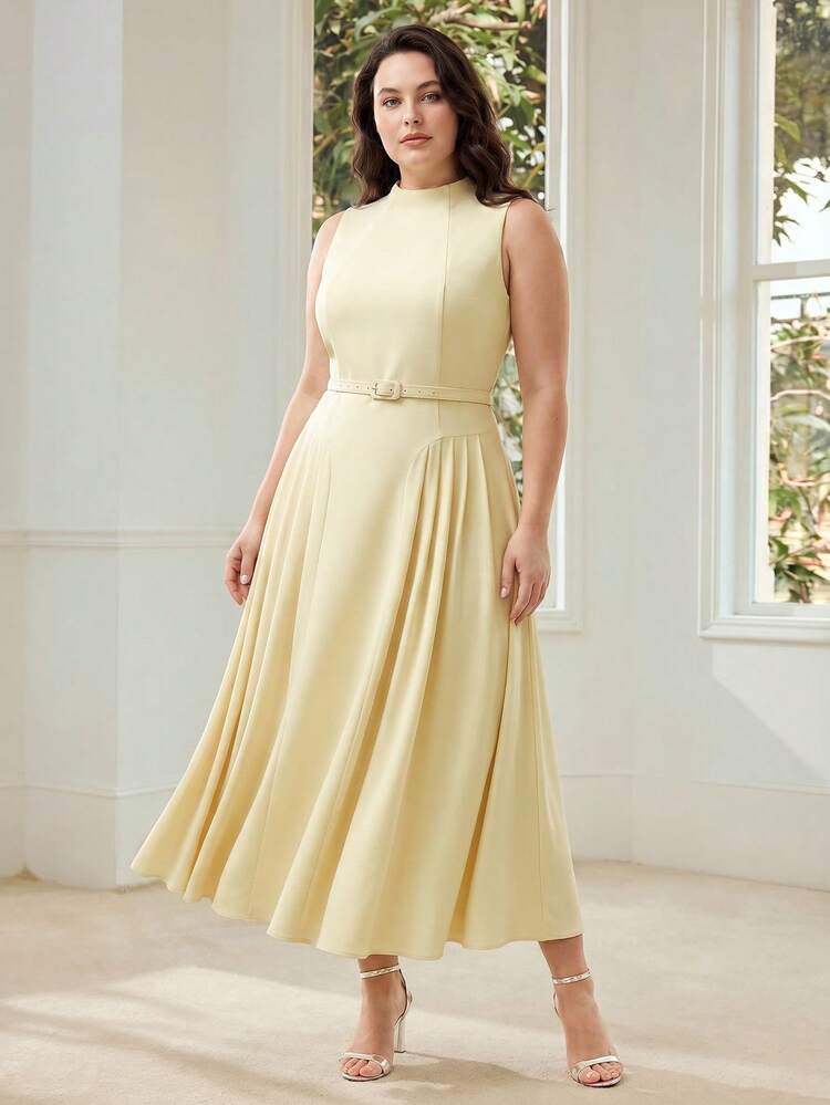 PLUS SIZE WOMEN'S YELLOW COLLARED MIDI DRESS, SUITABLE FOR DAILY WEAR AND DATES, SPRING/SUMMER