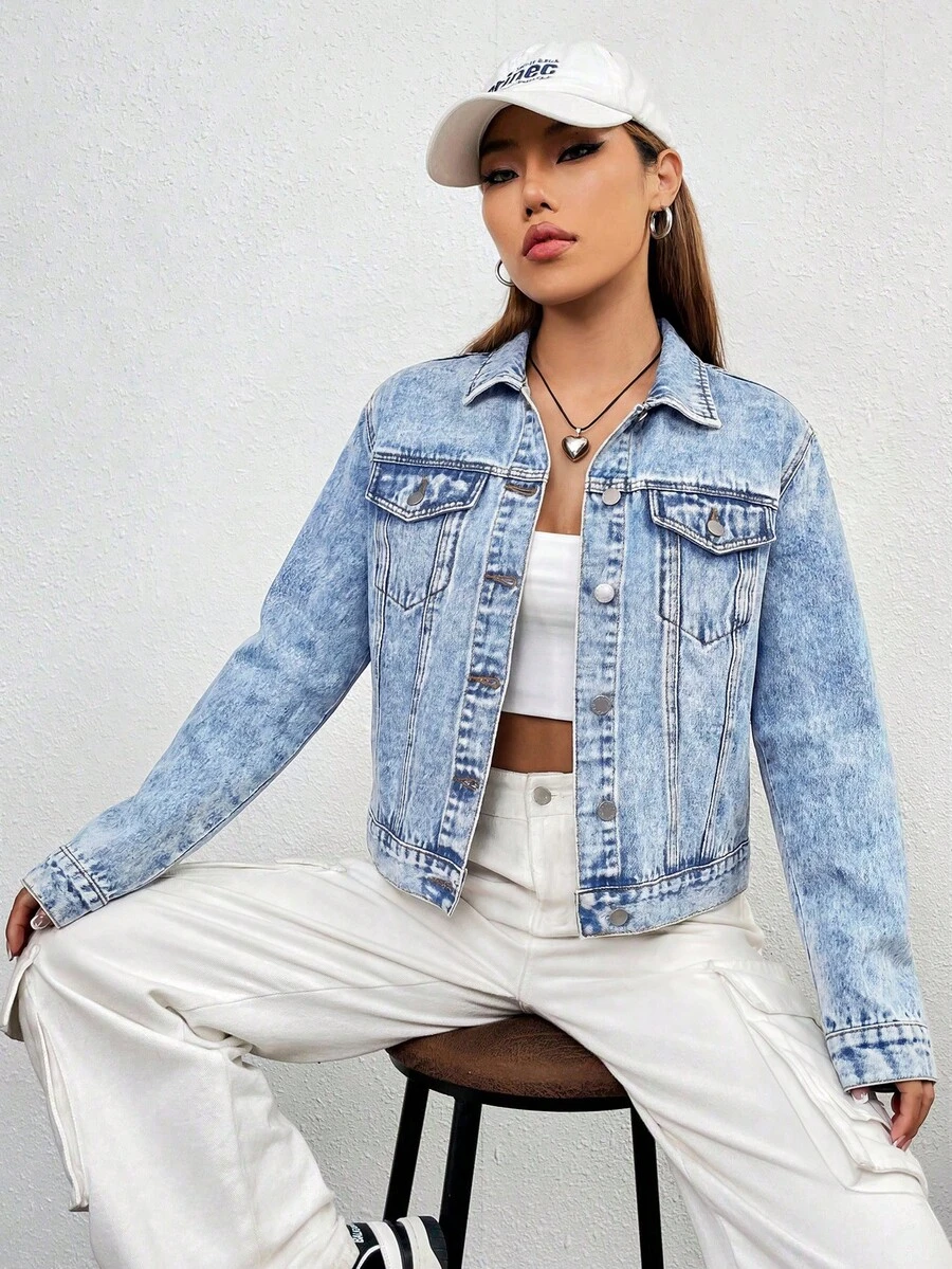 SHEIN EZwear 女士纯色前扣口袋休闲长袖牛仔外套 - 淺色水洗藍 - 查看 1