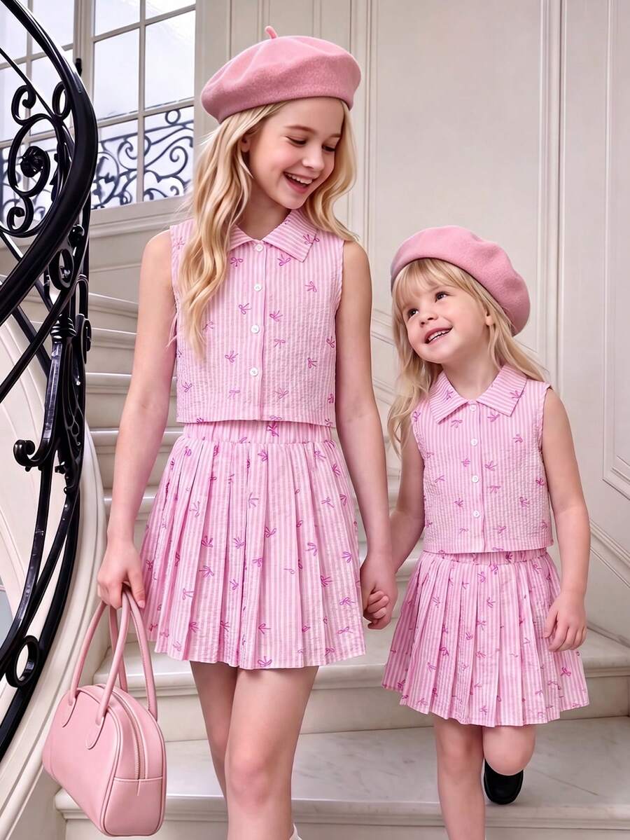 Elladie kids Bộ 2 món cho bé gái tuổi teen, kiểu dáng mới mùa hè: áo sơ mi cổ bẻ kẻ sọc thắt nơ kết hợp với chân váy xếp ly, màu hồng ngọt ngào, tối giản, thanh lịch, thích hợp cho đi biển, nghỉ mát hoặc đi làm. - Hồng - Xem 1
