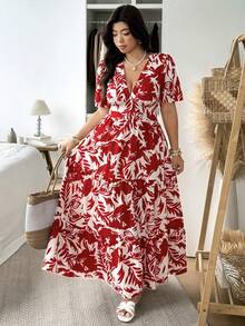 Vionelle Plus Size V-Neck Short Sleeve Floral Print Dress - Red - View 3