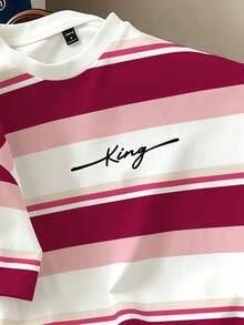 Manfinity Joysei Camiseta casual de hombre con bloques de color y rayas, de verano - Rosa Fucsia - Ver 3