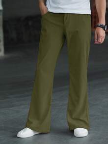 Manfinity Homme Men's Solid Color Slant Pocket Casual Low-Waist Flare Pants - Army Green - View 5