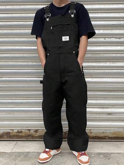 Manfinity EMRG Men's Casual Fashion Versatile Bib Overalls, With Patch Design,Oversized,Summer