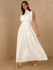 Enchnt Đầm chiffon không tay cổ tàu màu trơn, lưng xếp ly. - trắng - Xem 6