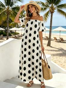 Breezaya Vestido casual de vacaciones minimalista con hombros descubiertos para mujer - Blanco y Negro - Ver 2