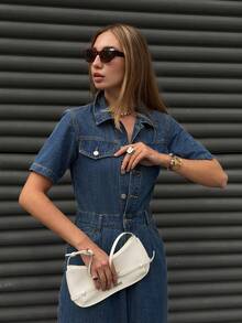 Livesso Bộ áo liền quần denim tay ngắn có túi, cài nút, đa năng, thời trang dành cho nữ. - Rửa tối - Xem 2