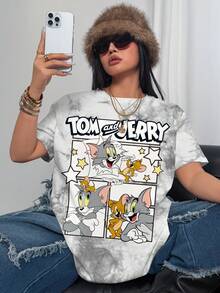TOM & JERRY X SHEIN 大码夏季街头扎染卡通图案圆领短袖T恤 - 白色 - 查看 6