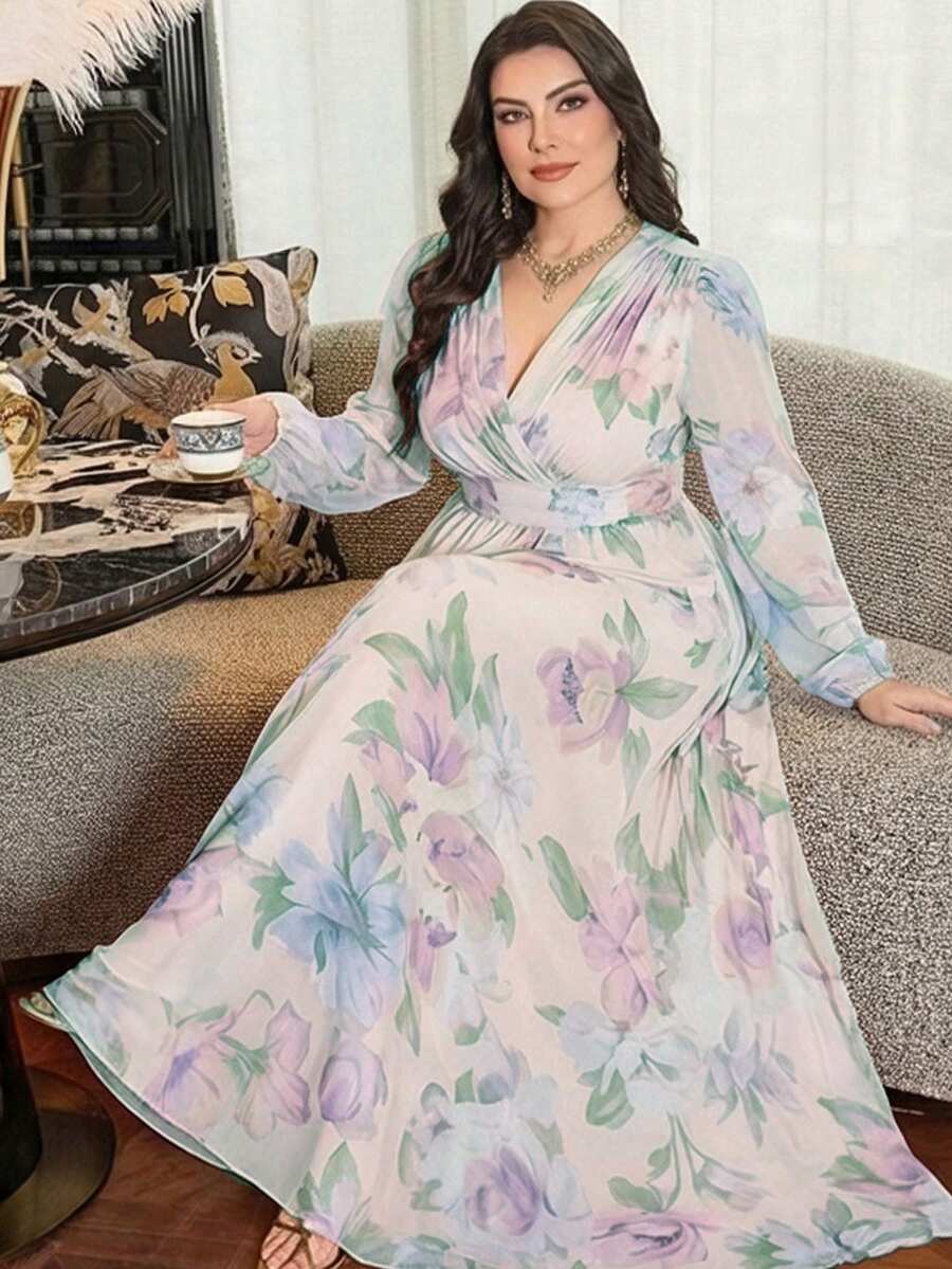 Modelyn 大码女士优雅收腰A字连衣裙 - 淺藍色 - 查看 1