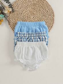 SHEIN Bộ 3 món quần short và legging kẻ caro màu be, trắng sữa, hồng cho bé gái, chất liệu cotton nguyên chất, dáng rộng, thích hợp cho hoạt động ngoài trời, thoải mái hàng ngày, phù hợp với nhiều dịp tiệc tùng. - Màu xanh lam - Xem 3