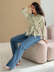 DAZY Camisa a rayas con cintura ceñida asimétrica para mujer, blusa de lino elegante de manga larga para ir a trabajar, primavera y verano - Verde - Ver 3