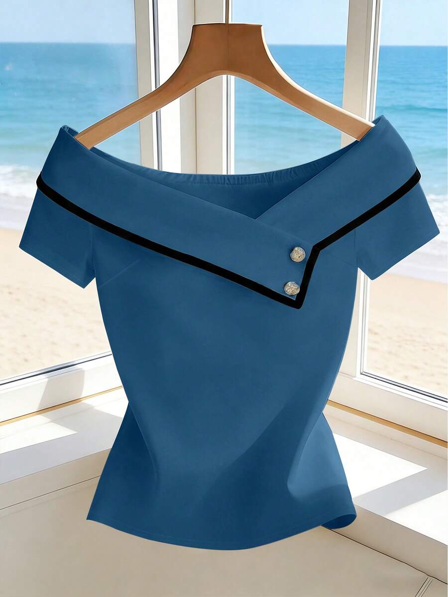 SHEIN Franclia Áo sơ mi nữ màu trơn, áo kiểu trơn, áo trắng mùa hè kiểu Maillard, phù hợp cho sinh viên đại học. - Màu xanh bụi bặm - Xem 1
