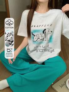 DAZY 女士印花宽松T恤和阔腿裤睡衣套装 夏季 - 淺灰色 - 查看 1