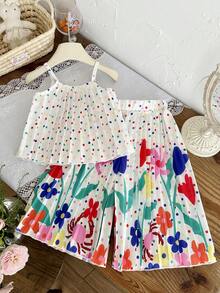 SHEIN 女婴两件套，0-3岁，休闲可爱风春夏外出服，波点印花无袖简约百褶上衣搭配花朵印花长款百褶裙 - 彩色 - 查看 7