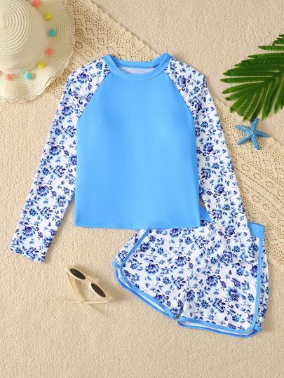 SHEIN Tween Girl Floral Print Crew Neck Long Sleeve Top And Casual Shorts Swimsuit Set
