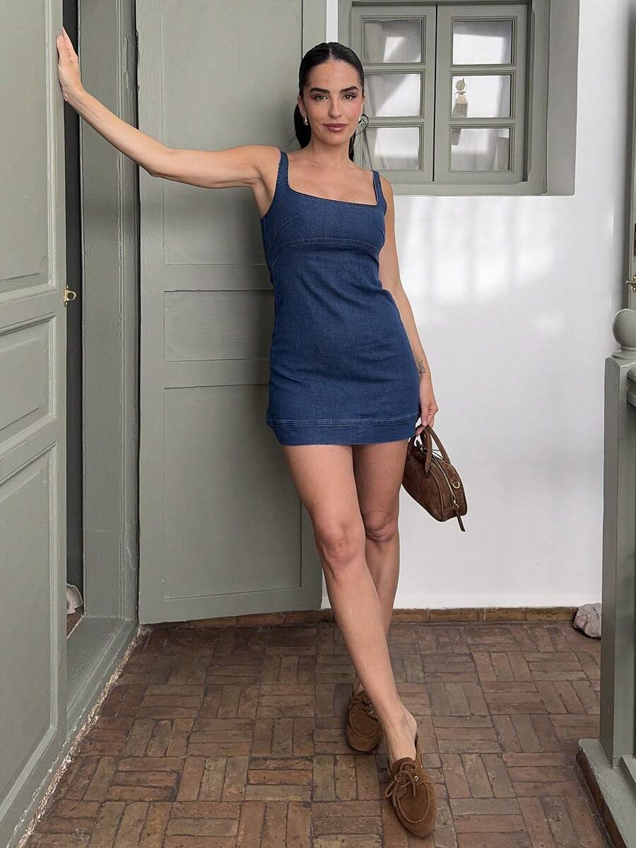 Marta Soriano 海滩度假 夏季文艺复兴博览会 乡村音乐会 千禧年毕业典礼 外出音乐节 机场装 复活节波西米亚风女装蓝色牛仔装 夏季上衣 夏季母亲节毕业装 牛仔连衣裙 - 深色水洗藍 - 查看 1