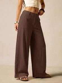 Easelle Celana Panjang Wanita Model Flare Lebar Berbahan Tenun Warna Cokelat Tua - Chocolate Brown - View 5