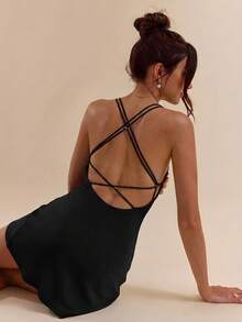 Firerie Women's Elegant Black Spaghetti Strap Backless Mini Dress, Deep V Neck A-Line Party Dress,Club Night,Summmer Boho Beach Vacation Cocktail Outfit - Black - View 5