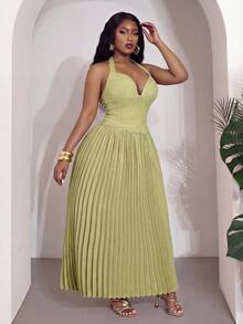 Slaydiva Nuevo estilo de verano, perfecto para fiestas de cumpleaños, vuelta al colegio, estilo preppy, ropa de estudiante, salidas diarias, básicos versátiles, estilo casual, vacaciones, viajes en crucero, playas, , tomar el sol, artículos, estilo callejero, estilo elegante y romántico, citas, compras, vacaciones románticas, sexy. Ajuste ceñido, verde sólido, cuello halter sin mangas con tirantes anudados, estilo de copa de busto, bajo plisado, vestido largo talla grande - B - Verde - Ver 7