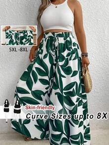 SHEIN CURVE+ Quần ống rộng dáng suông, họa tiết sọc, thắt eo tua rua, phong cách boho, thích hợp cho nữ, mùa hè, đi nghỉ mát. - Nhiều màu - Xem 1