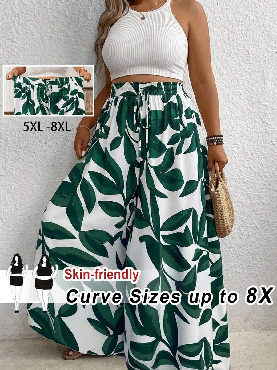 SHEIN CURVE+ Quần ống rộng dáng suông, họa tiết sọc, thắt eo tua rua, phong cách boho, thích hợp cho nữ, mùa hè, đi nghỉ mát. - Nhiều màu - Xem 1