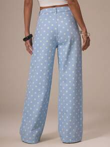 MUSERA Vaqueros rectos de tiro medio, de estilo denim, con lunares, elegantes y casuales, ideales para primavera, verano, vacaciones en Ibiza, vuelta al colegio, oficina o fiestas - Azul - Ver 2