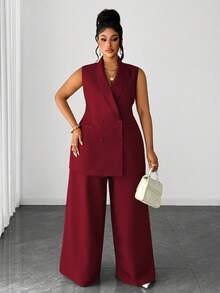 Maweii Setelan Rompi Kancing Ganda Elegan Ukuran Plus & Celana Panjang Lebar, Pakaian Kantor/Perjalanan - Burgundy - View 3