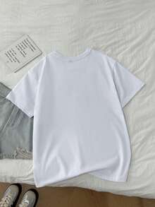 SHEIN EZwear 100%純棉女款休閒寬鬆圓領T恤，蝴蝶結裝飾，女款休閒夏季上衣 - 白色 - 查看 3