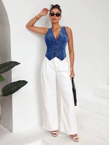 Selenza Chaleco vaquero informal para mujer, primavera verano - Azul lavado medio - Ver 6