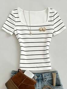 INAWLY Nuovissimo stile in , maglietta a scollo quadrato con stile delicato e righe a contrasto, vestibilità slim, versatile per uso quotidiano sia dentro che fuori, stile primavera/estate - Multicolore - Visualizzare 3