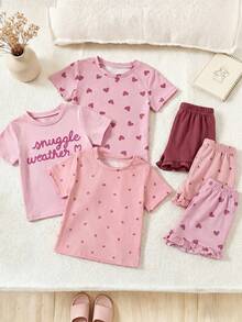 Vintaside Kids 3套女嬰可愛休閒粉色夏季愛心波點字母抱抱天氣印花T恤上衣與荷葉邊短褲家庭套裝 - 彩色 - 查看 4