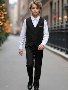 SHEIN 2pcs Kids Tween Boys' Casual Collegiate Black And White Vest Jacket & Shirt Set,Gentleman Elegant Modest Traditional Wedding Summer School Birthday - Black - View 5