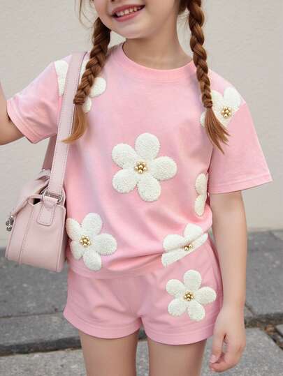 2pcs/Set Tween Girls Casual Soft Loose Round Neck Short Sleeve T-Shirt And Shorts Set, Floral Print Tee And Solid Color Shorts, Suitable For Spring/Summer Daily Casual Wear, Cute Outfits For