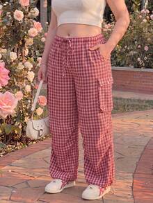 SHEIN MOD Pantalones Cargo a Cuadros Talla Grande, Casual Vacacional, Estilo Mix & Match, Dulce & Fresco, Retro, Casual Femenino - Rojo - Ver 7