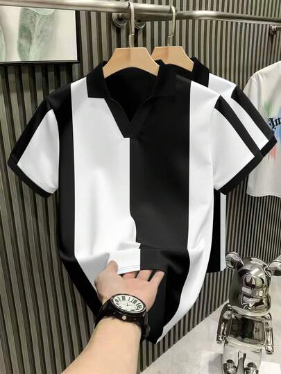 Manfinity Mode Fashionable Contrast Color Shoulder Casual Short Sleeve Polo Shirt For Men, Summer,Men Old Money,Daily Leisure, Weekend Trips, Outdoor Activities, Travel Expeditions, Relaxed Work Environments Or Semi-Formal Occasions, Boyfriend/Husband Gift, Anniversary /Birthday Gift Party Summer Vacation Holiday,Wedding,Spring To Summer,Easter,Y2k,Vintage,Festival,Men's Stylish Color Block Polo Shirt Short Sleeve Black And White Collared Top For Casual Wear,Designer Polo Shirts Men,Golf Shirt For Men,Stylish Tops For Men,Most Popular Shirts For Guys,Young Men Clothing Sets