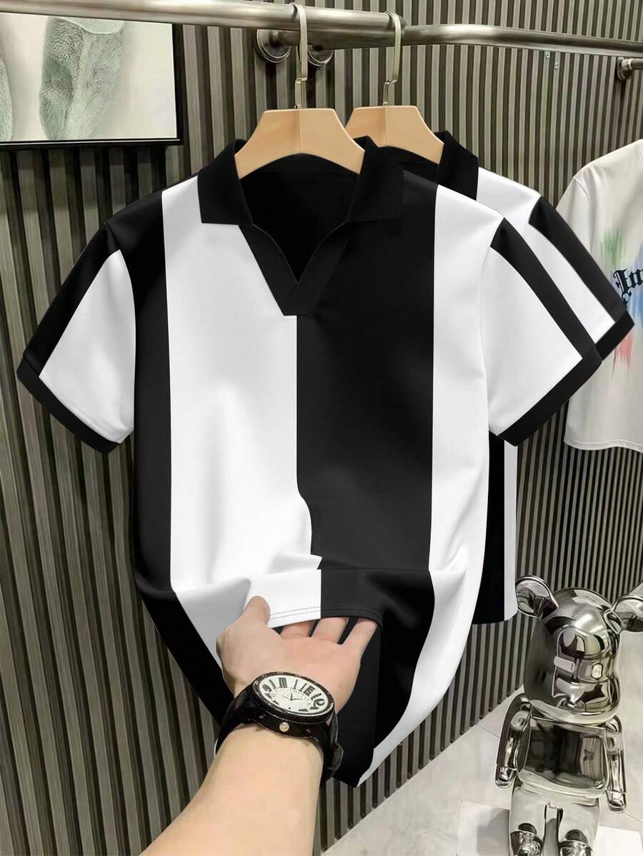 Calvornis Men's Black And White Striped Polo Shirt, Summer Casual Short Sleeve Color Block Top For City Break, Old Money Style Vintage Golf Polo Shirt , Gift, Ceremony - Black and White - View 1