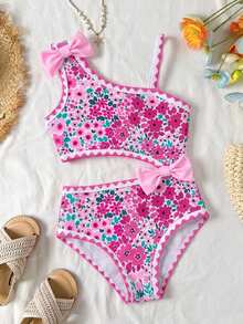 SHEIN Áo tắm liền thân họa tiết hoa nhí cho bé gái, kiểu dáng giản dị, thích hợp mặc đi biển mùa xuân/hè, đồ bơi cho bé gái, áo tắm liền thân cho bé gái. - Nhiều màu - Xem 3