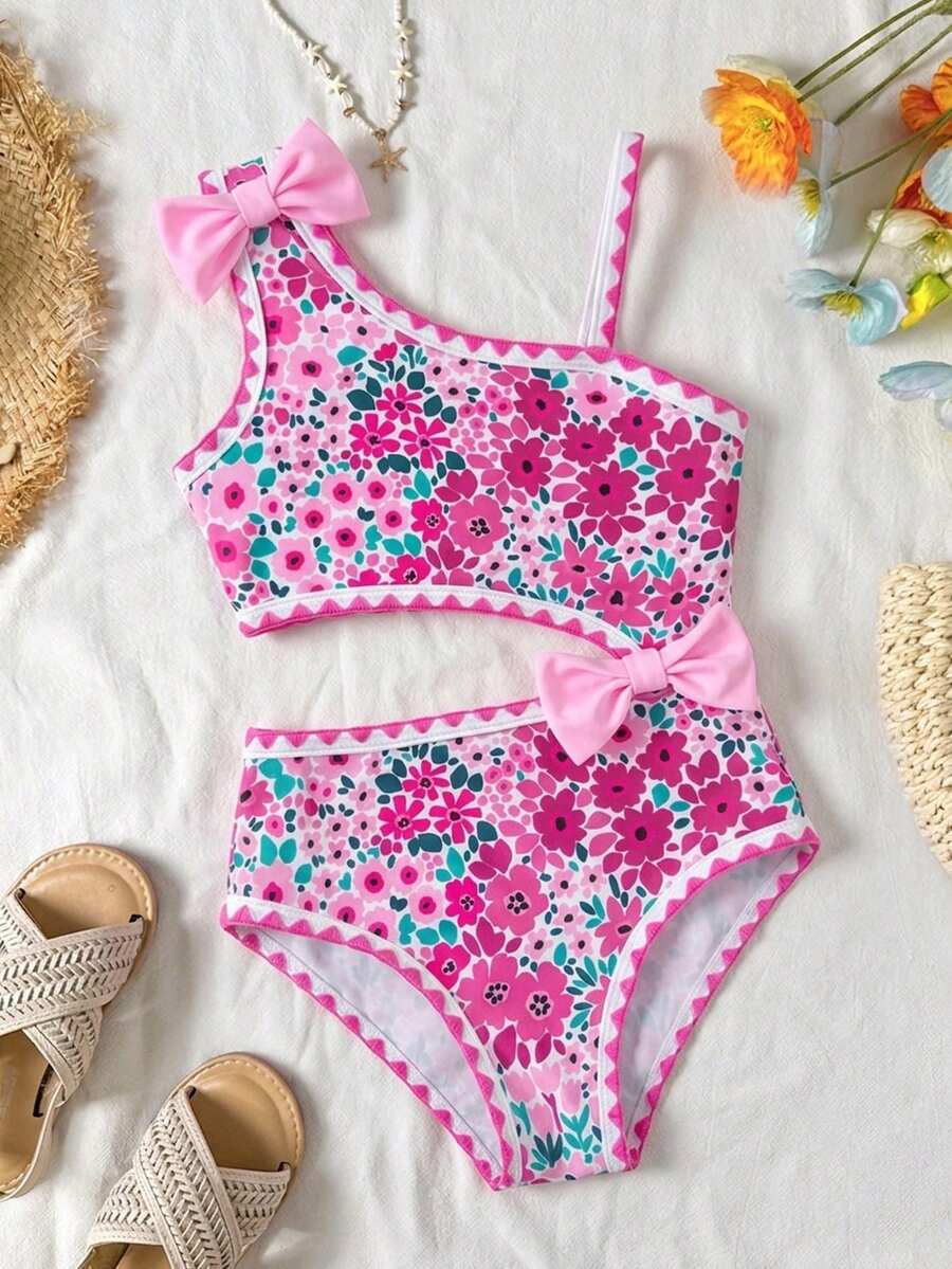 SHEIN Áo tắm liền thân họa tiết hoa nhí cho bé gái, kiểu dáng giản dị, thích hợp mặc đi biển mùa xuân/hè, đồ bơi cho bé gái, áo tắm liền thân cho bé gái. - Nhiều màu - Xem 1