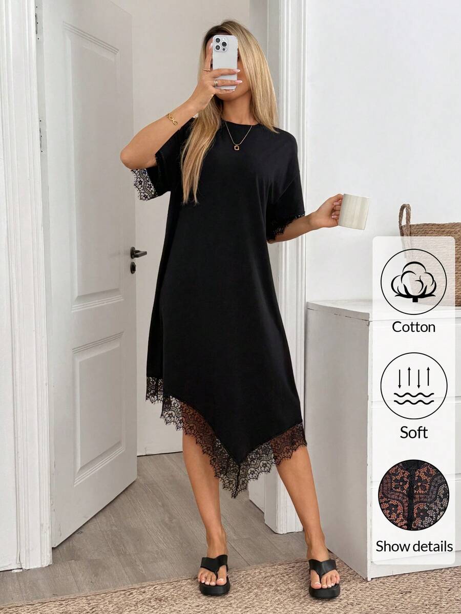 Easowa Đầm midi dự tiệc thường ngày phối ren dành cho nữ - màu đen - Xem 1