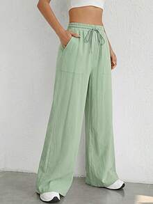 SHEIN EZwear 女士休闲度假通勤薄荷绿编织抽绳腰斜插口袋宽松阔腿裤 - 薄荷綠 - 查看 6
