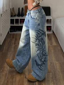 Jeanoix Jeans acampanados de talla grande con estampado retro vintage - Lavado ligero - Ver 3
