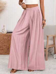 Wandoria Pantaloni a vita alta a gamba ampia in colore unito con pieghe e tasche, pantaloni mimetici verdi militari larghi, eleganti e sofisticati, stile retrò francese romantico minimalista, adatti per ufficio, pendolarismo, lavoro, casual, spiaggia, resort, primavera/estate - Rosa antico - Visualizzare 7