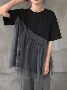 FRIFUL Women's Mesh Patchwork Minimalist Daily Wear Round Neck Short Sleeve T-Shirt Summer - Black - View 7
