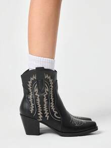 ROMWE Fairycore 2026 New Women's Small Square Toe Solid Color Thick Heel Fashion Sleeve Ankle Boots Western Boots And Ankle Boots - Black - View 4