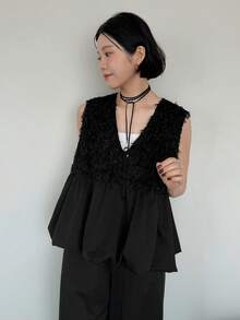FRIFUL 女士夏季纯色毛绒质感面料拼接透视网纱褶皱宽松休闲百搭无袖两件套 - 黑色 - 查看 5