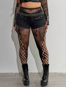 Whyspr Plus Size Women's Sexy Sheer Elastic Mesh Splice Leggings - Black - View 1