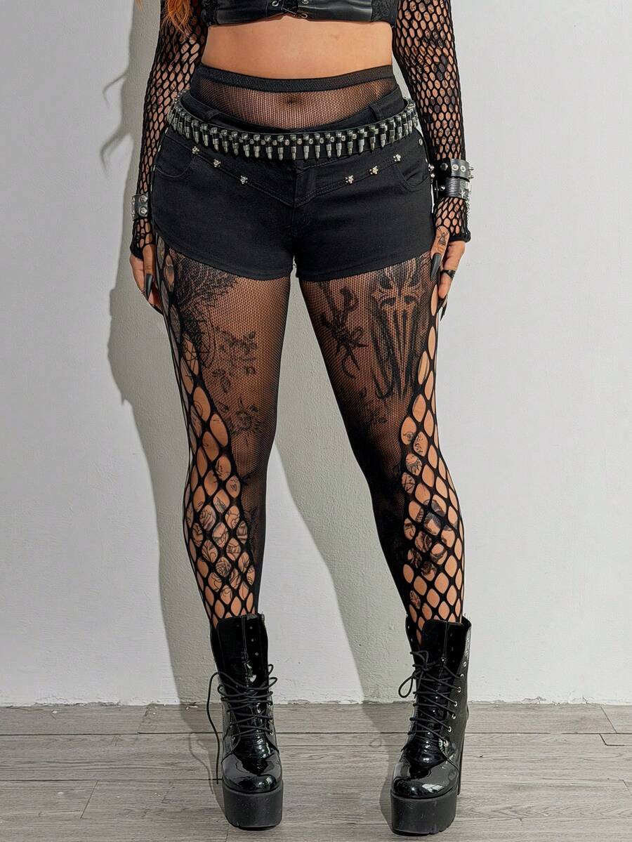 Whyspr Plus Size Women's Sexy Sheer Elastic Mesh Splice Leggings - Black - View 1
